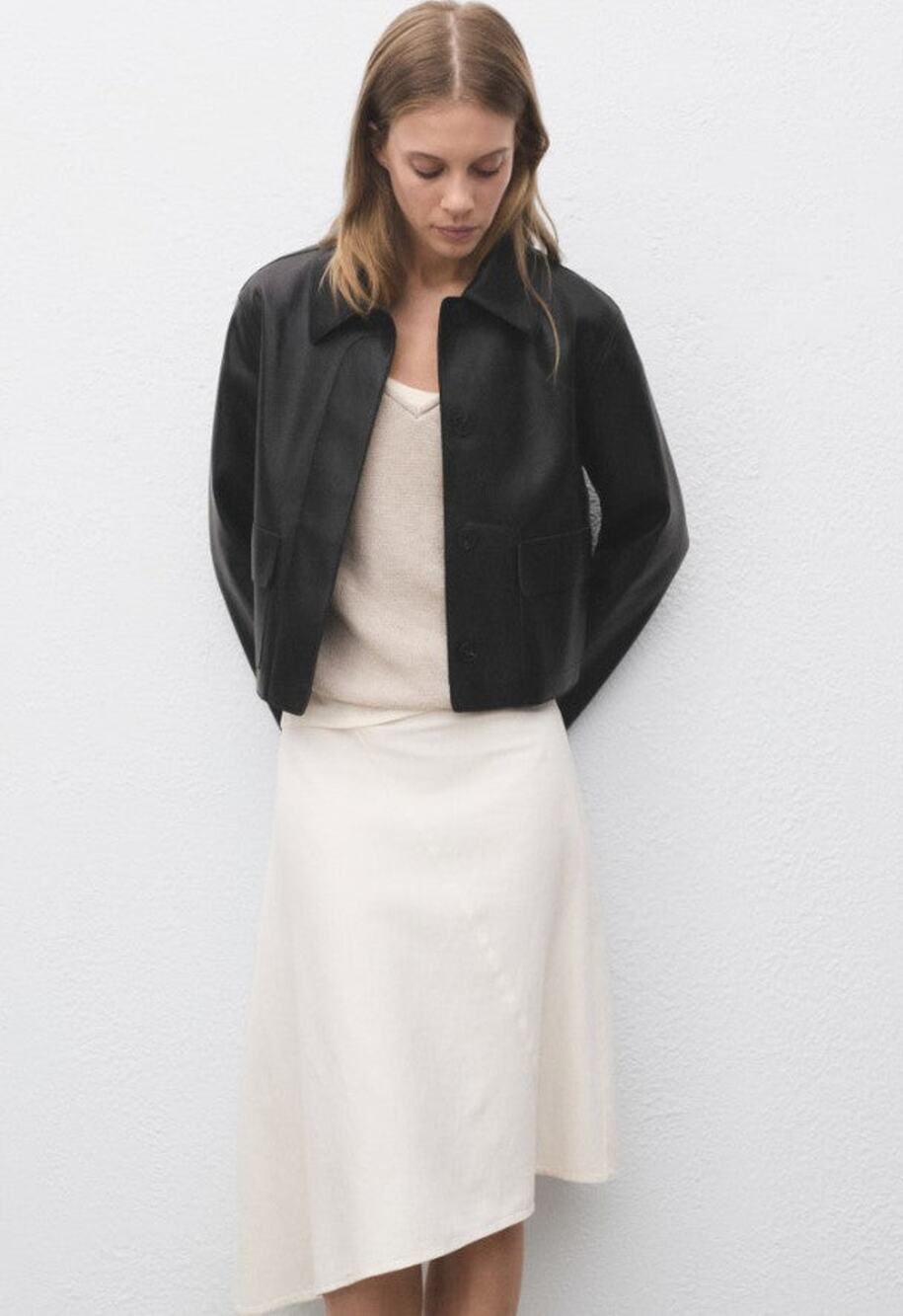 MANGO Leather Effect Jacket With Pockets - S Black